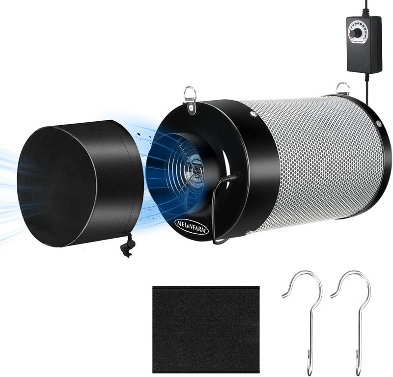 MELONFARM 4 inch Air Carbon Filter Smelliness Control with Australia Virgin Charcoal, Built-in 14cm Fan Low Nois and Speed Controller for Inline Duct Fan, Grow Tent, Vent Cover & Pre-Filter Included - Image 1